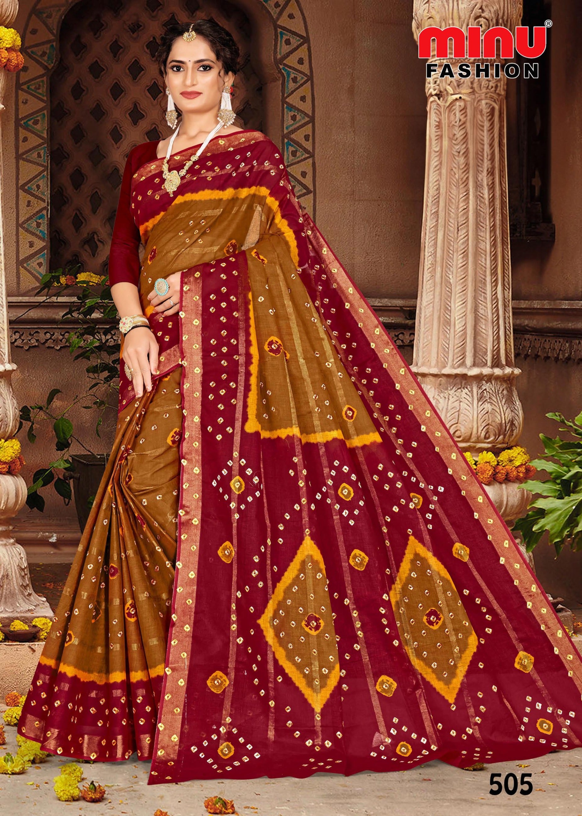 Brown printed saree with stylish designs for sale 
