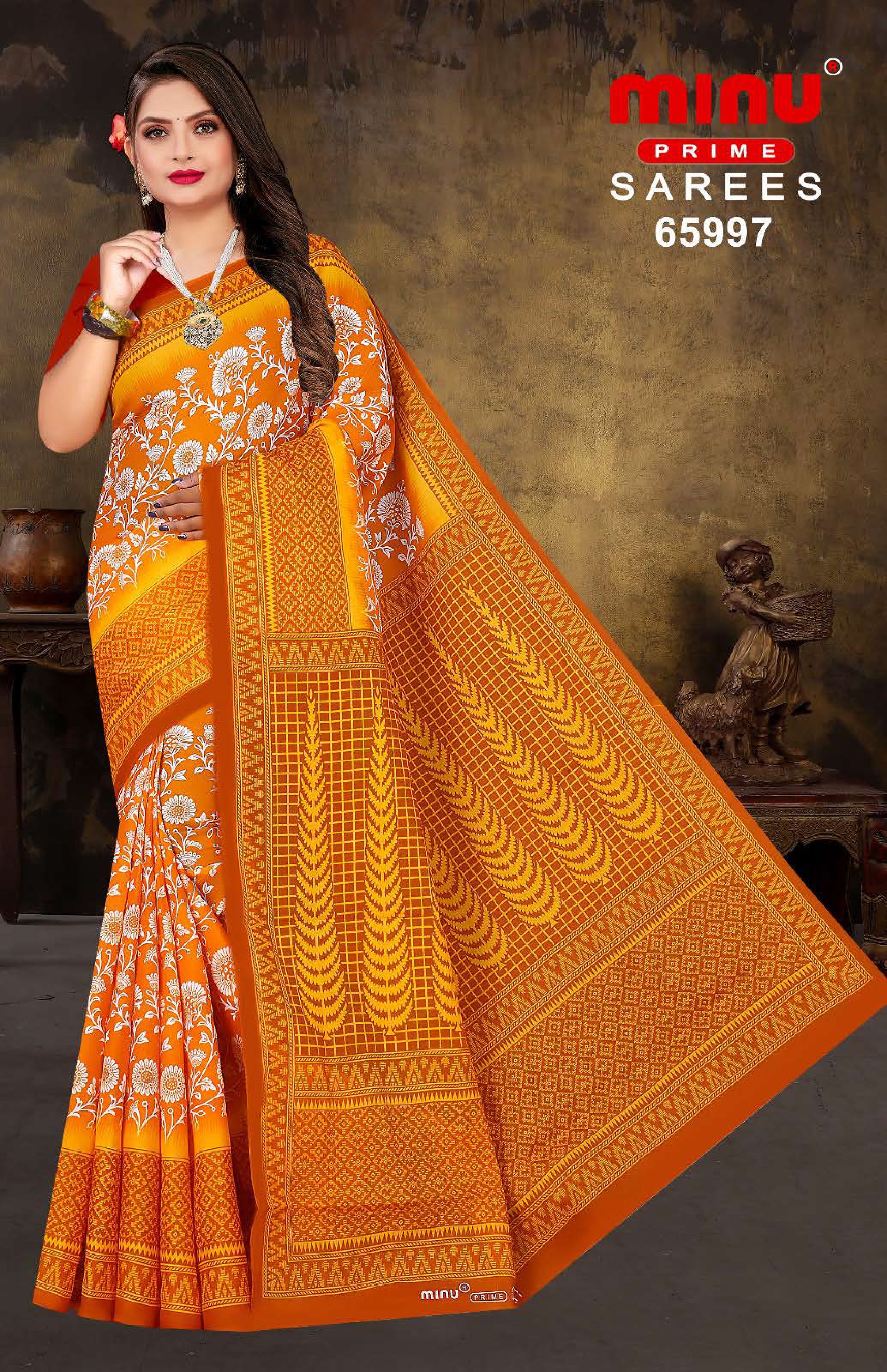 woman wearing orange pure cotton sarees wholesale online