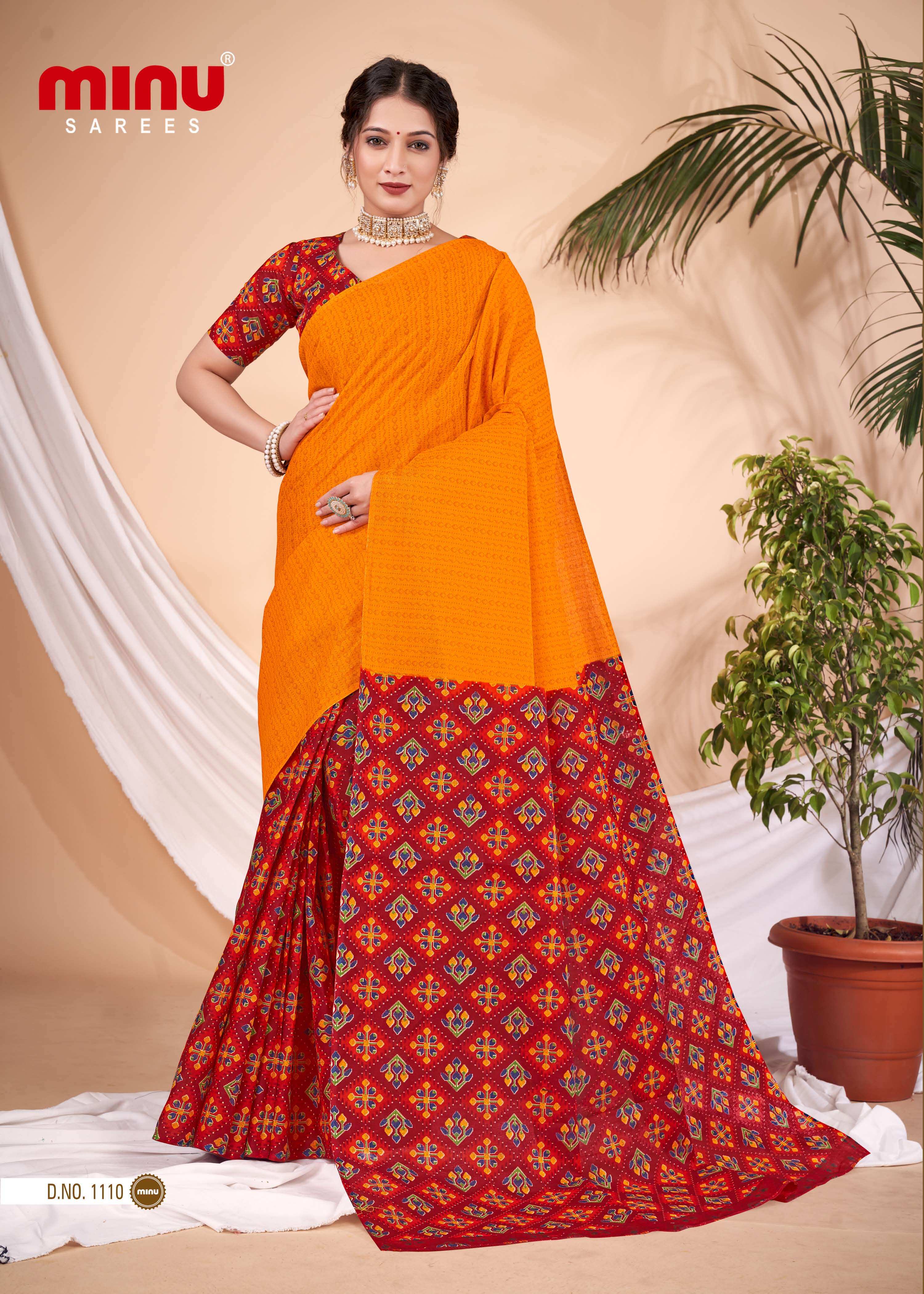 Orange printed pure cotton saree online image 