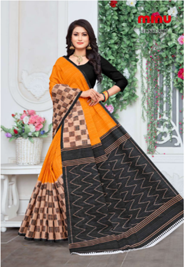 woman wearing Cotton printed sarees 