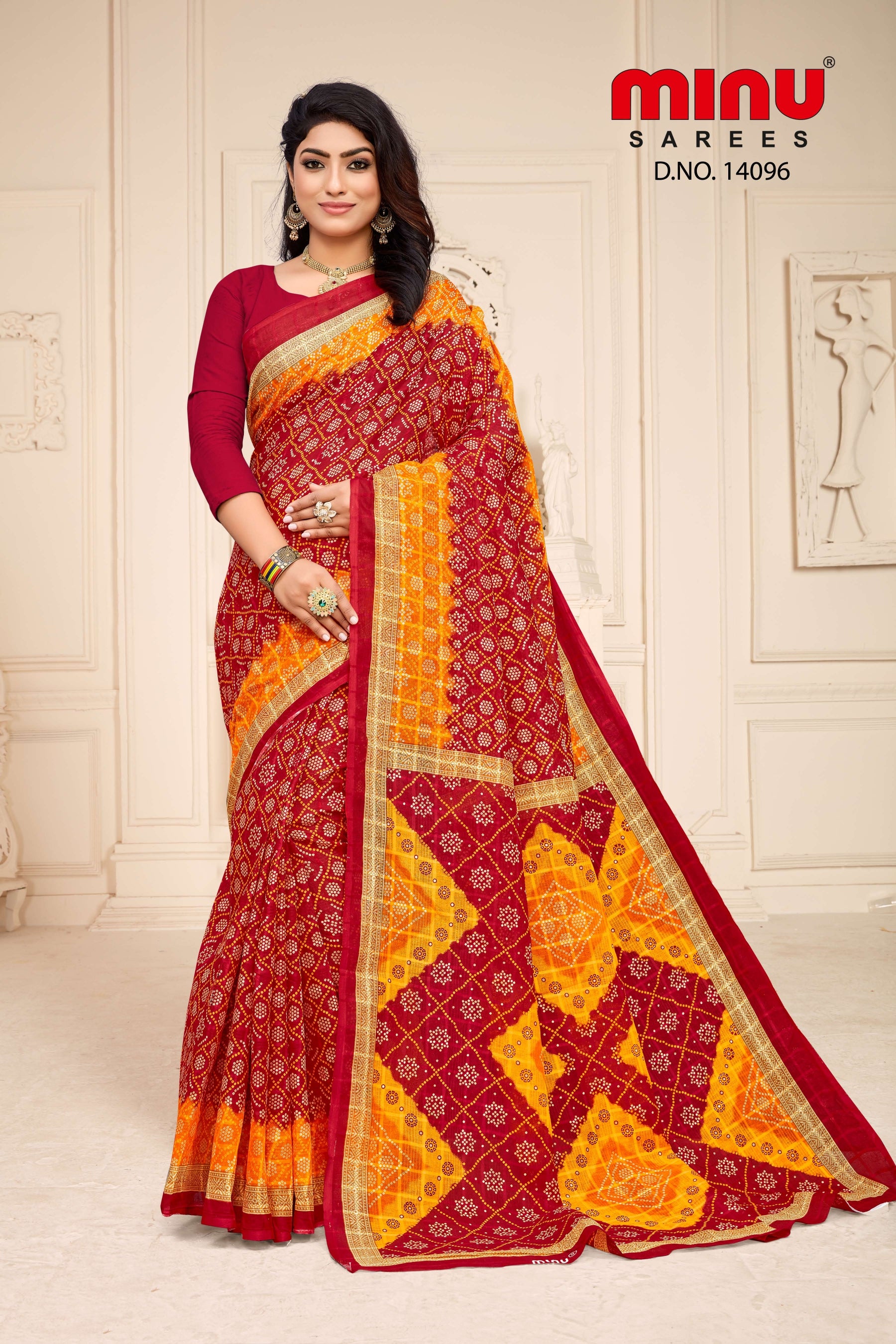 Woman wearing designer printed saree wholesale online