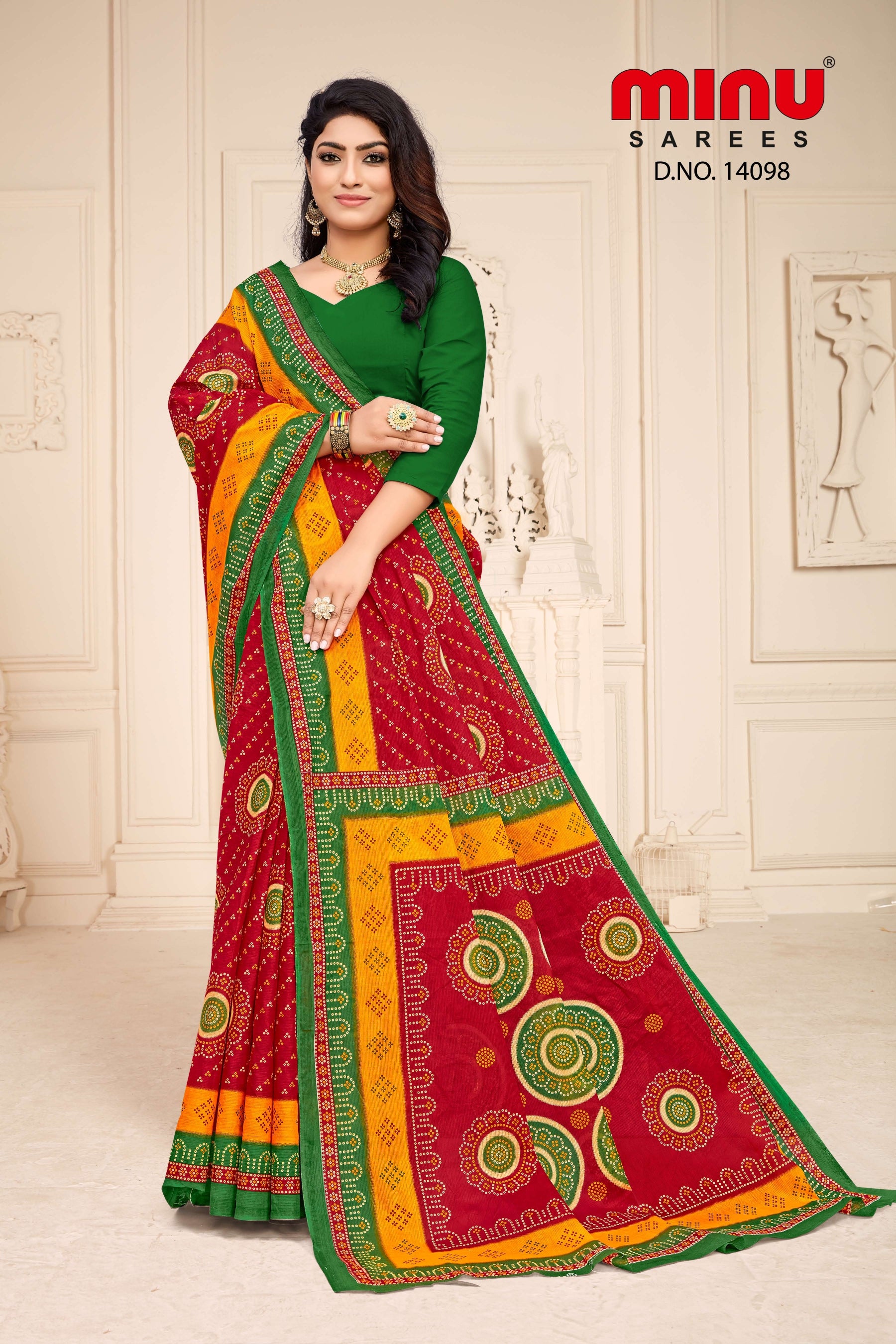 Woman wearing  printed saree for retailers image