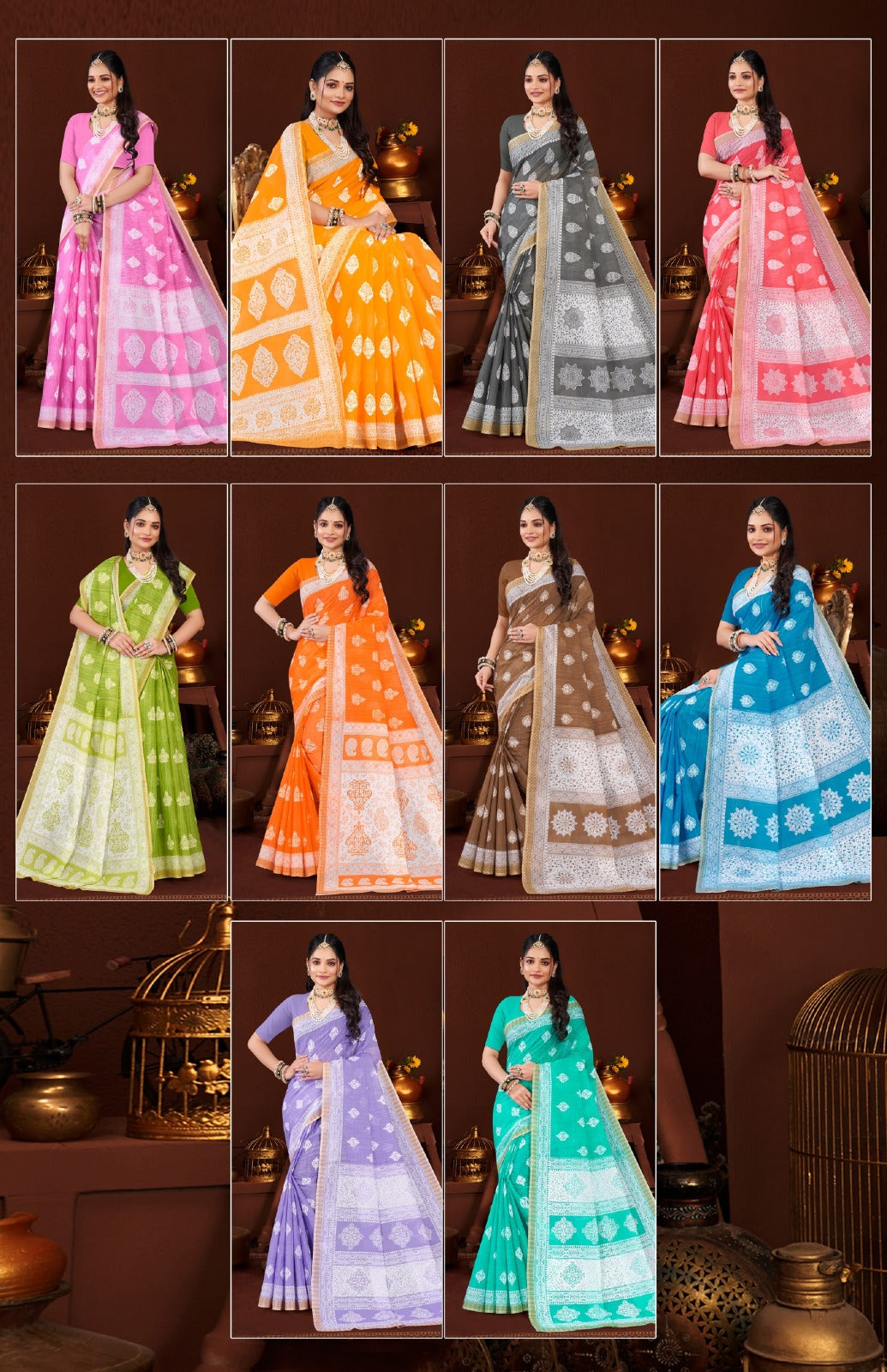 Malai Cotton Saree Priyatama Pestal - 10 Pcs Set