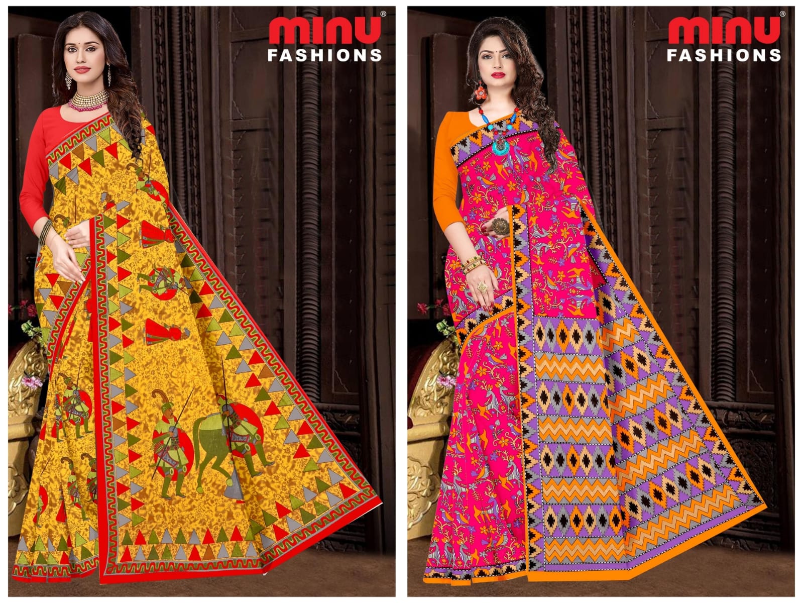 Printed Cotton Saree Heven Beauty Block - 10 Pcs Set