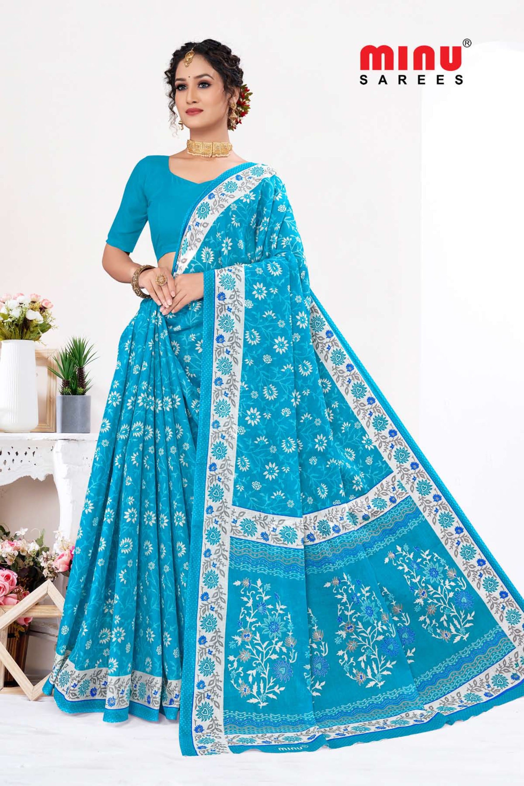 blue printed wholesale cotton saree with pure cotton cotton fabric