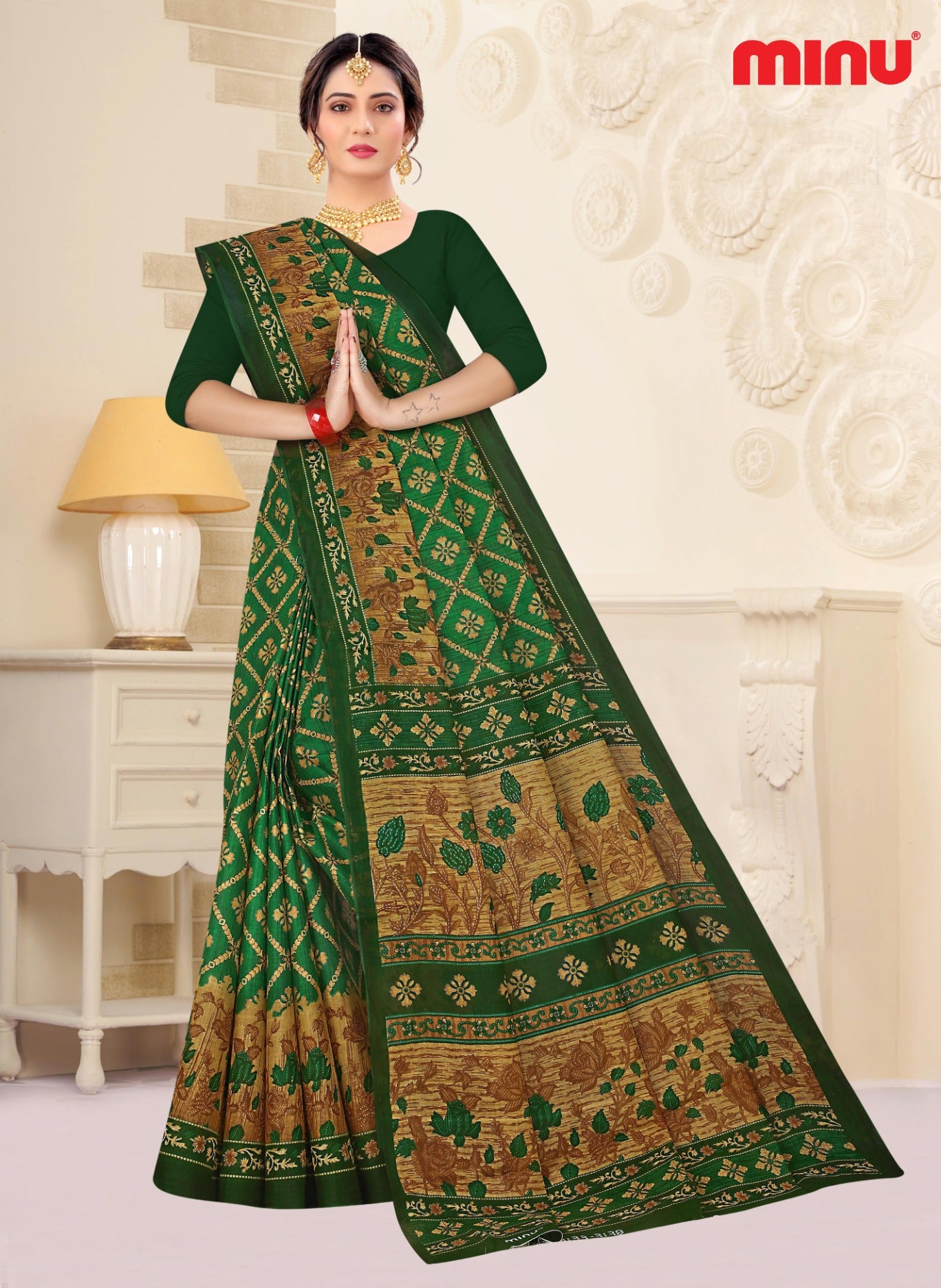green color printed cotton saree for women 