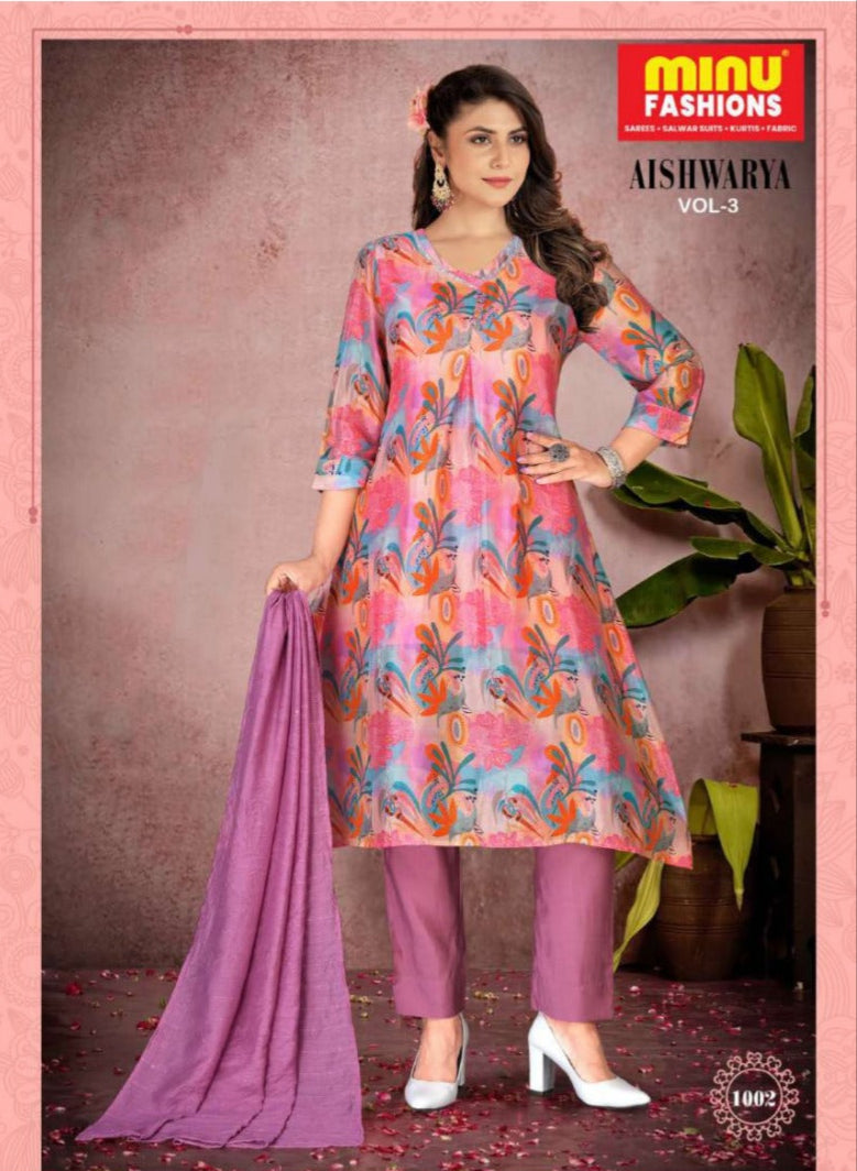 3 Piece Cotton Long Kurti Set Aishwarya (Vol-3) - 4 Pcs Set