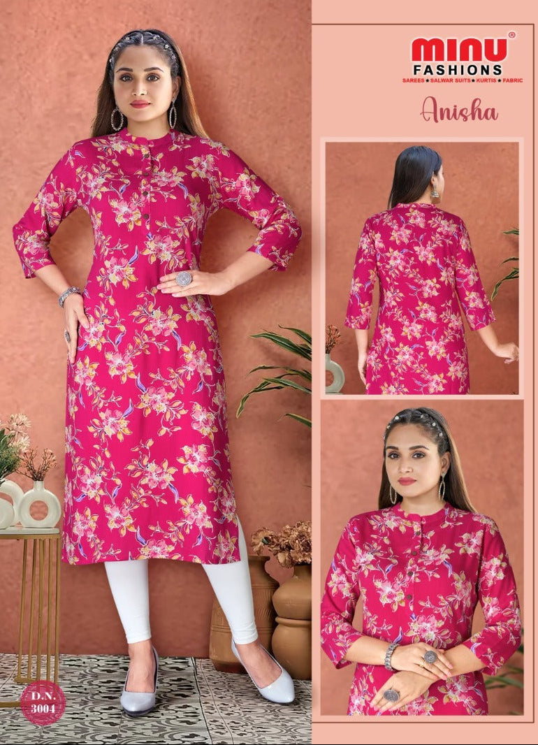 Printed Rayon Long Kurti Anisha (Vol-3) - 6 Pcs Set