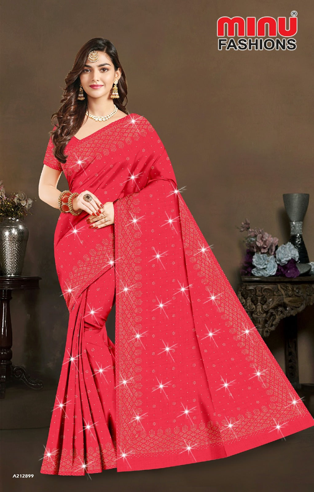 Embroidered Cotton Saree Crystal Saroski (Special Rate) - 8 Pcs Set
