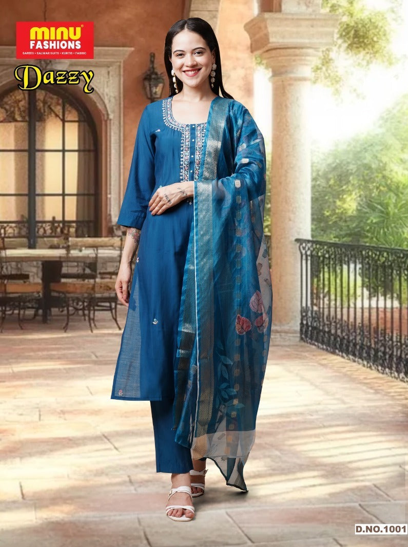 3 Piece Roman Silk Kurti Set Dazzy Combo - 4 Pcs Set