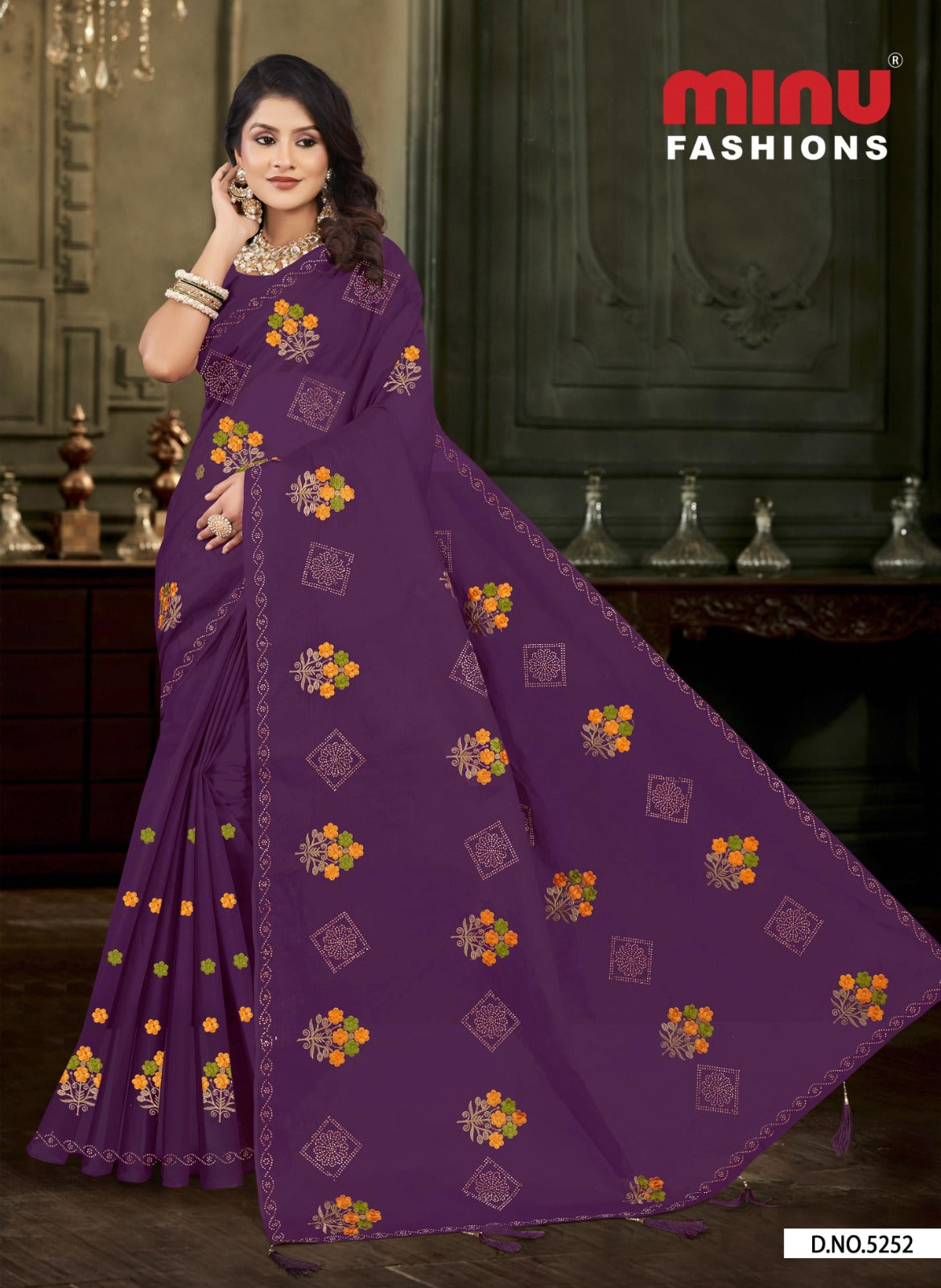 Embroidered Cotton Saree Diamond Rose (Special Rate) - 8 Pcs Set