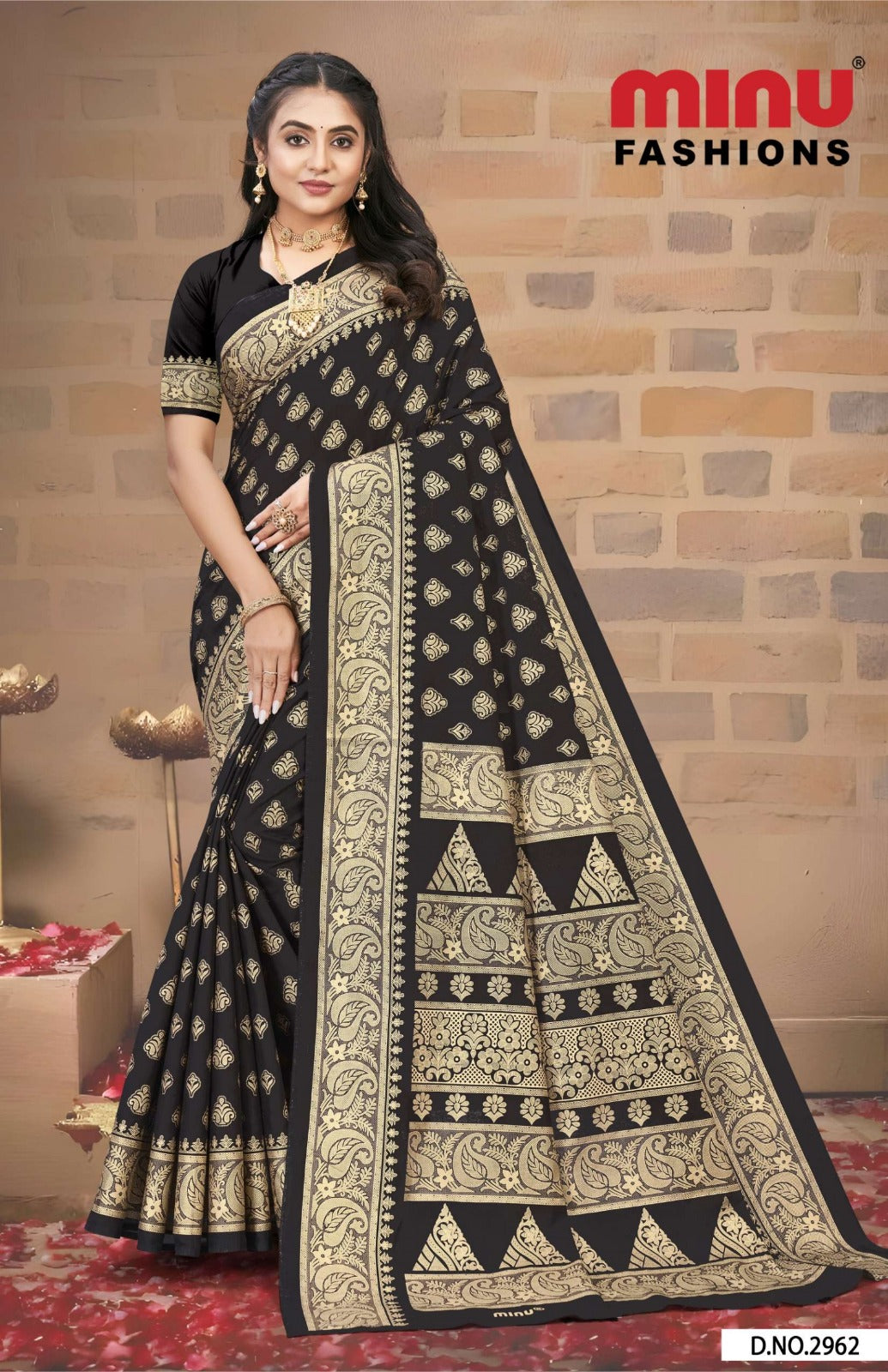 Malai Cotton Saree Gold Star Black - 8 Pcs Set