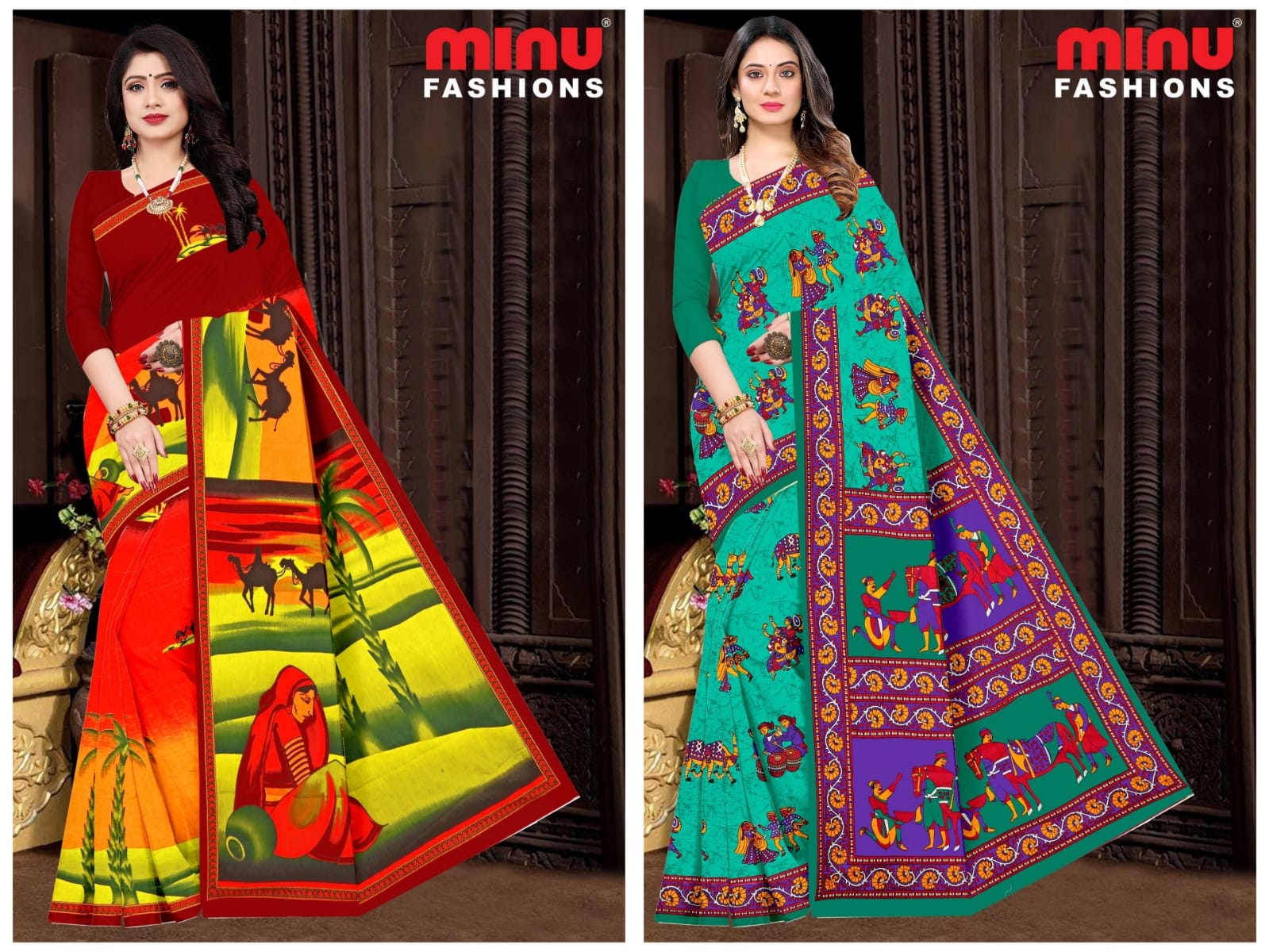 Printed Cotton Saree Heven Beauty Block - 10 Pcs Set