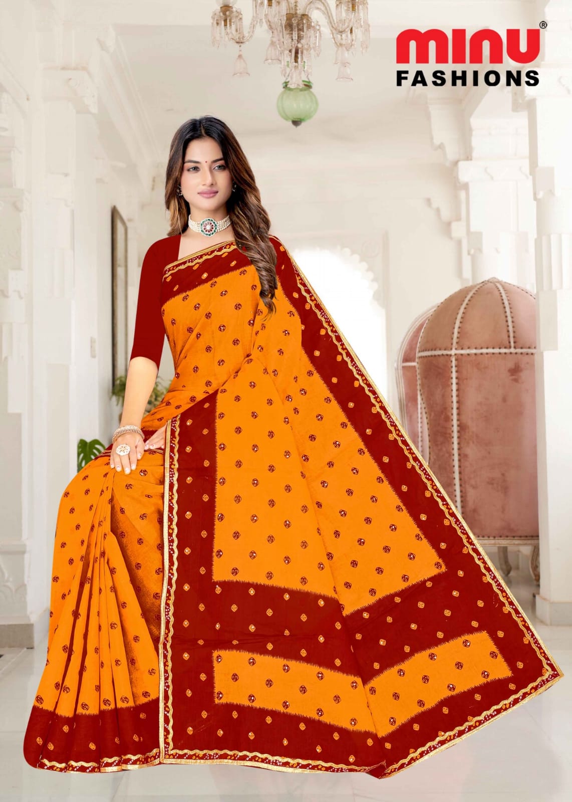 Embroidered Cotton Saree Laxmi Chunri (Special Rate) - 10 Pcs Set