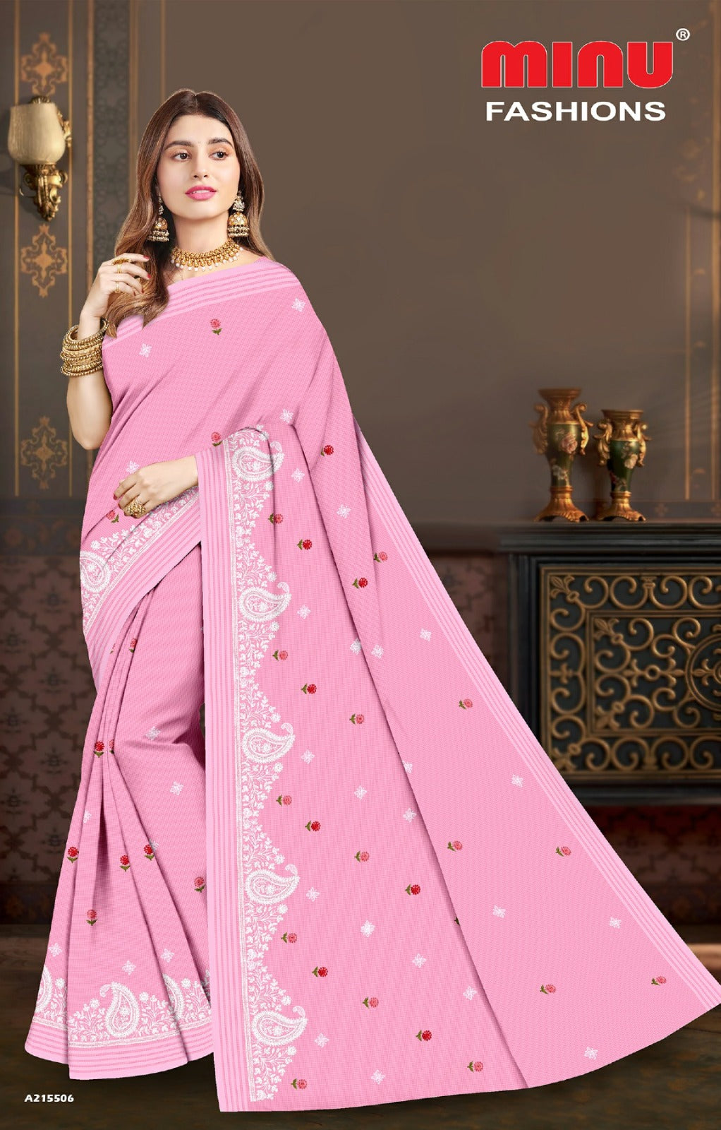 Embroidered Cotton Saree Minu Fashion (Special Rate) - 8 Pcs Set
