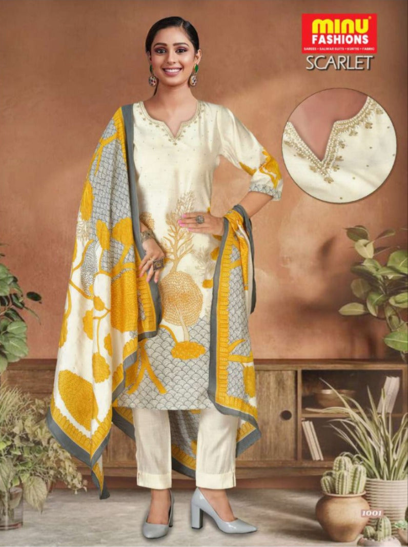 3 Piece Cotton Kurti Set Scarlet - 4 Pcs Set