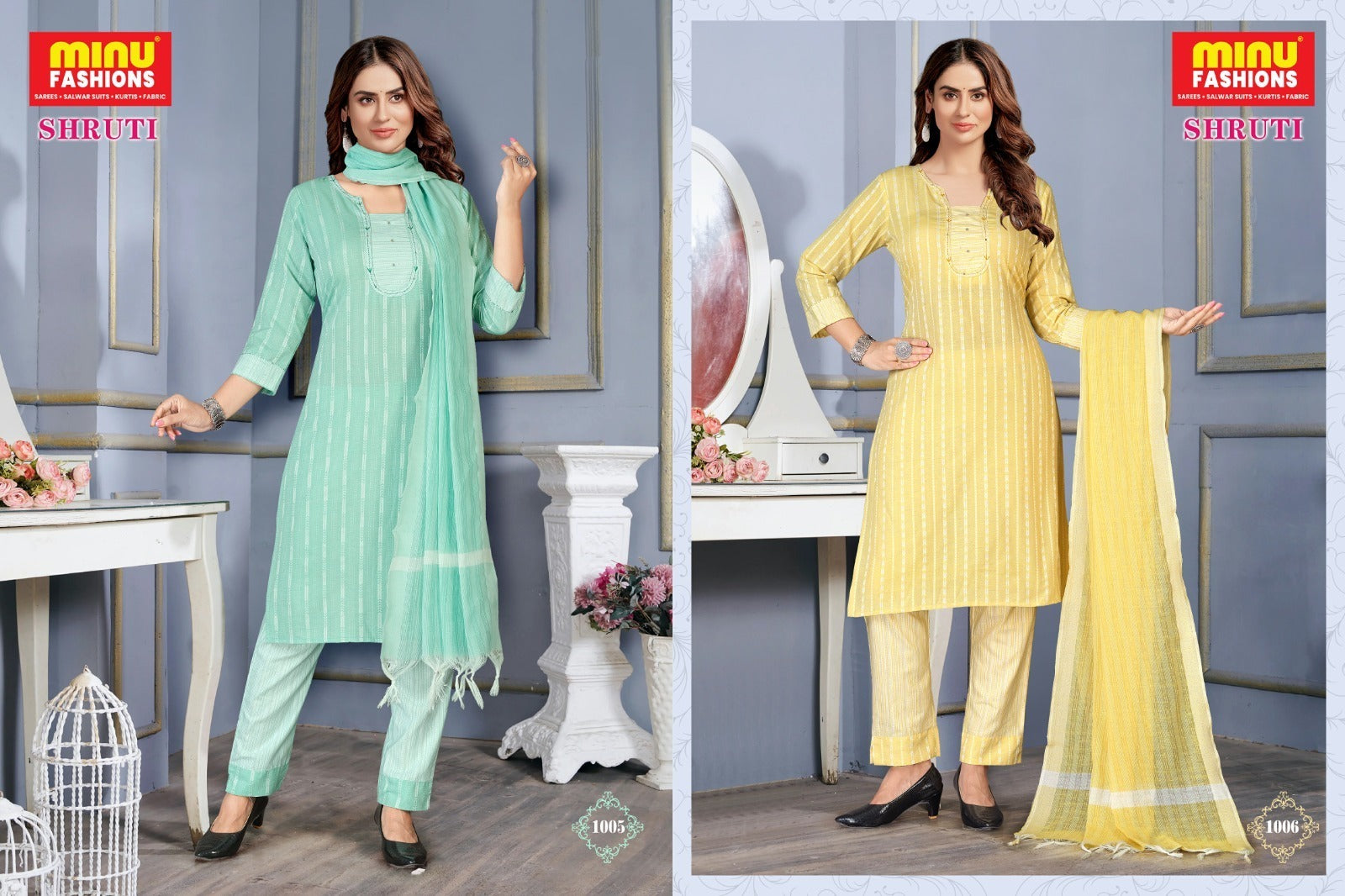 3 Piece Cotton Long Kurti Set Shruti - 8 Pcs Set
