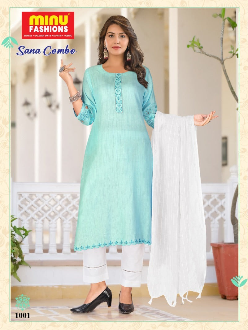 3 Piece Cotton Long Kurti Set Sana Combo - 6 Pcs Set