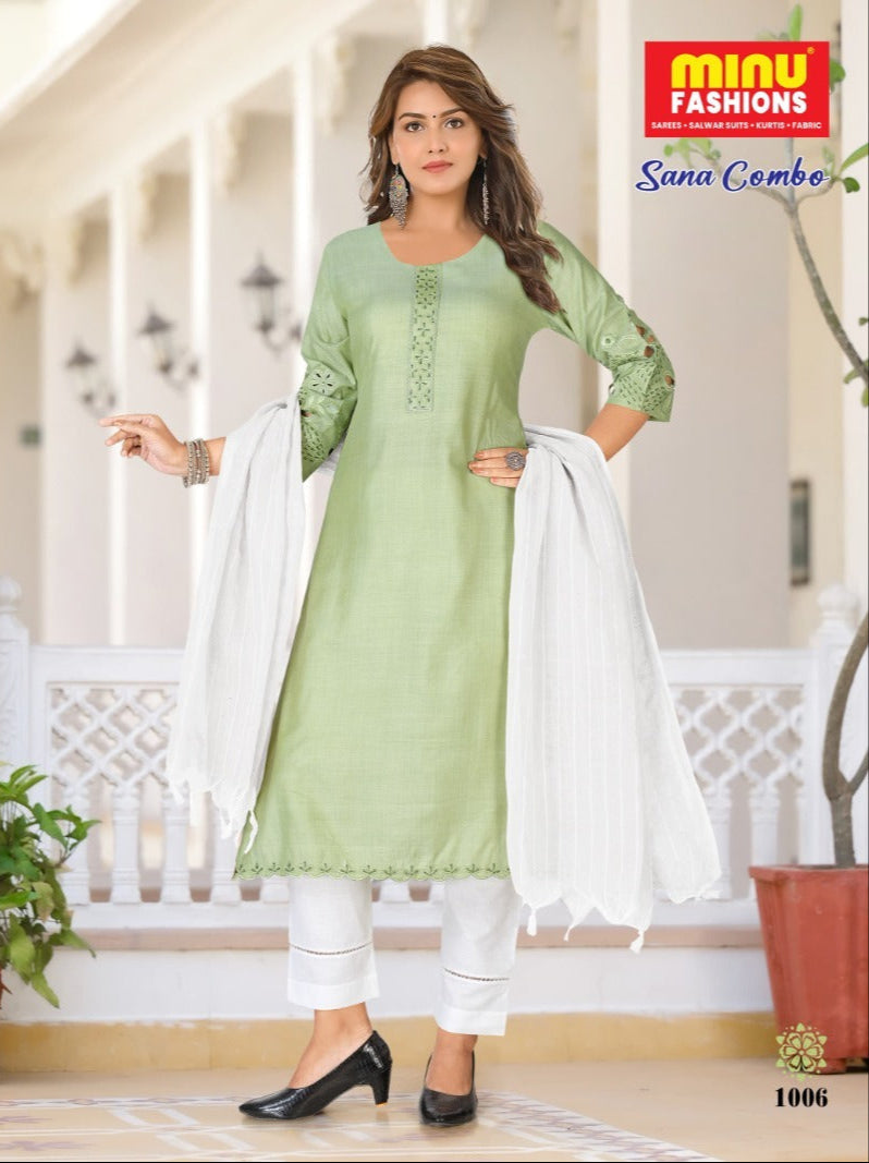 3 Piece Cotton Long Kurti Set Sana Combo - 6 Pcs Set