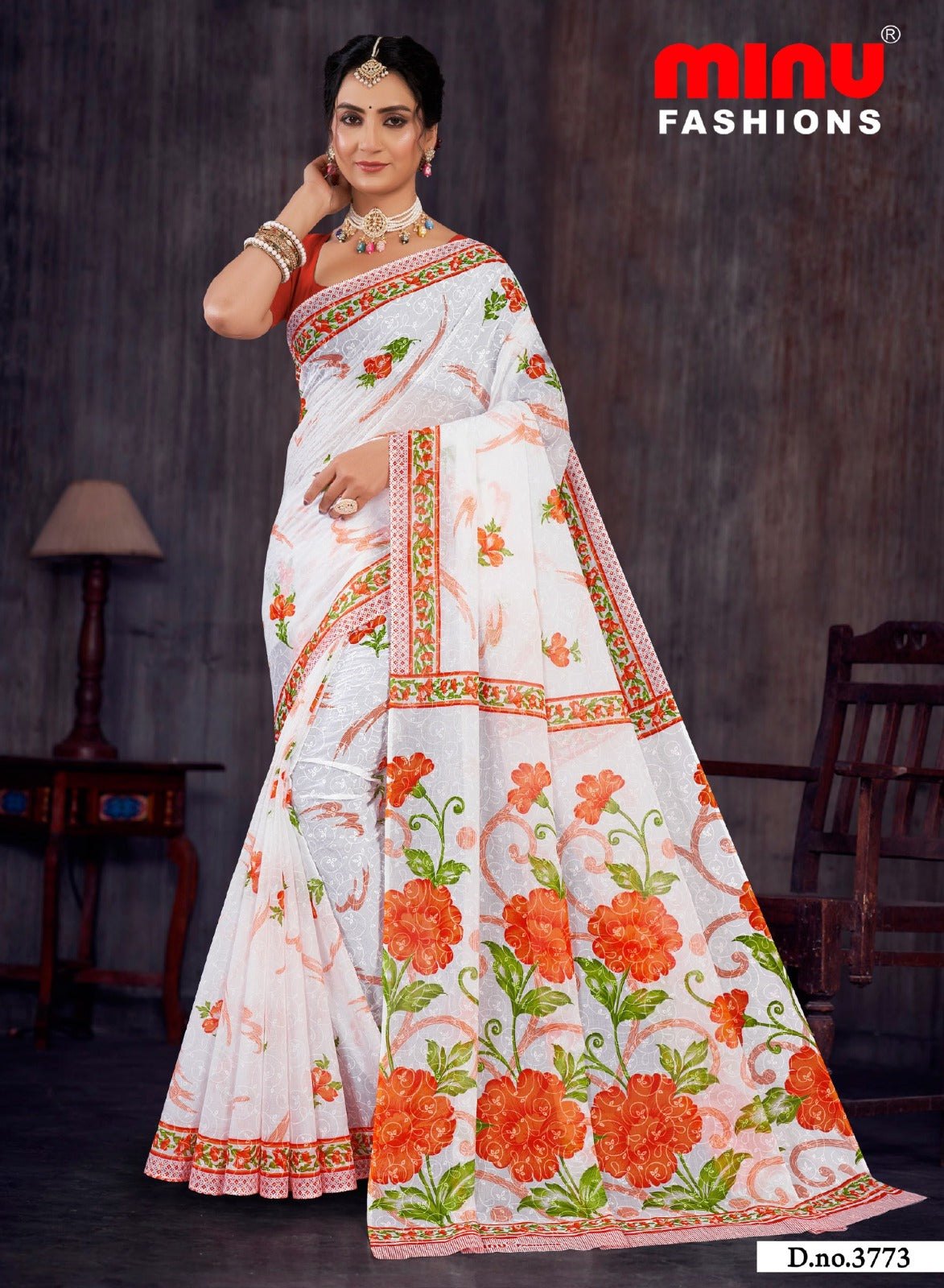 Printed Cotton Saree White Rose - 8 Pcs Set