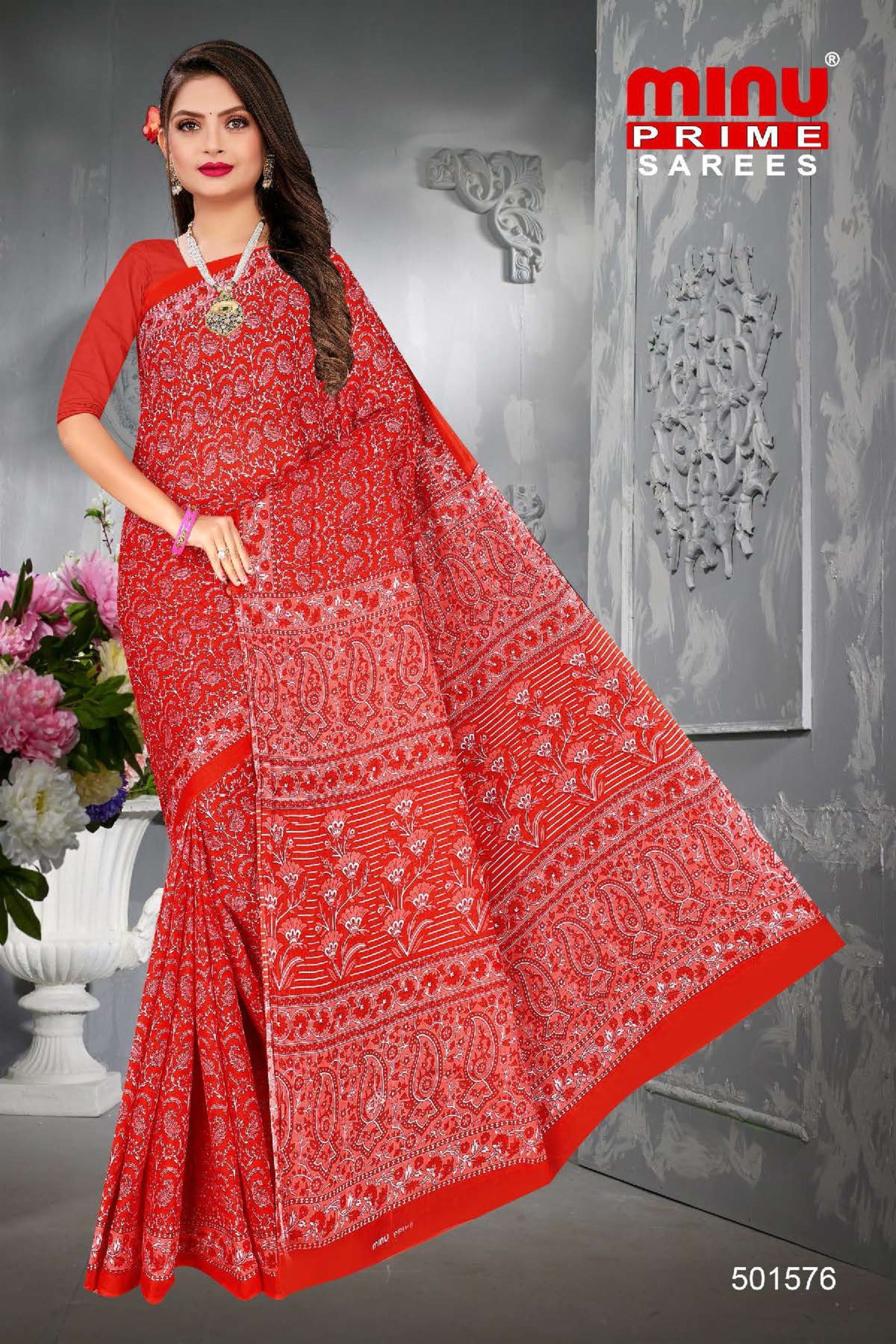 Red printed saree wholesale at saree manufacturer in Kolkata