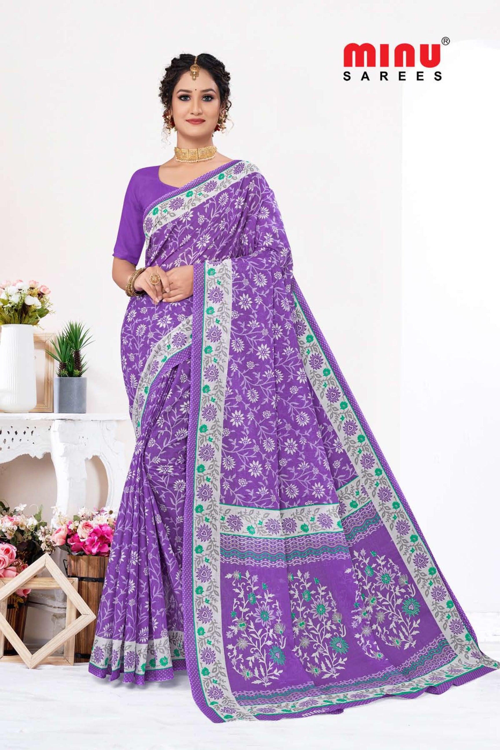 purple color printed cotton saree for women and girls in India 