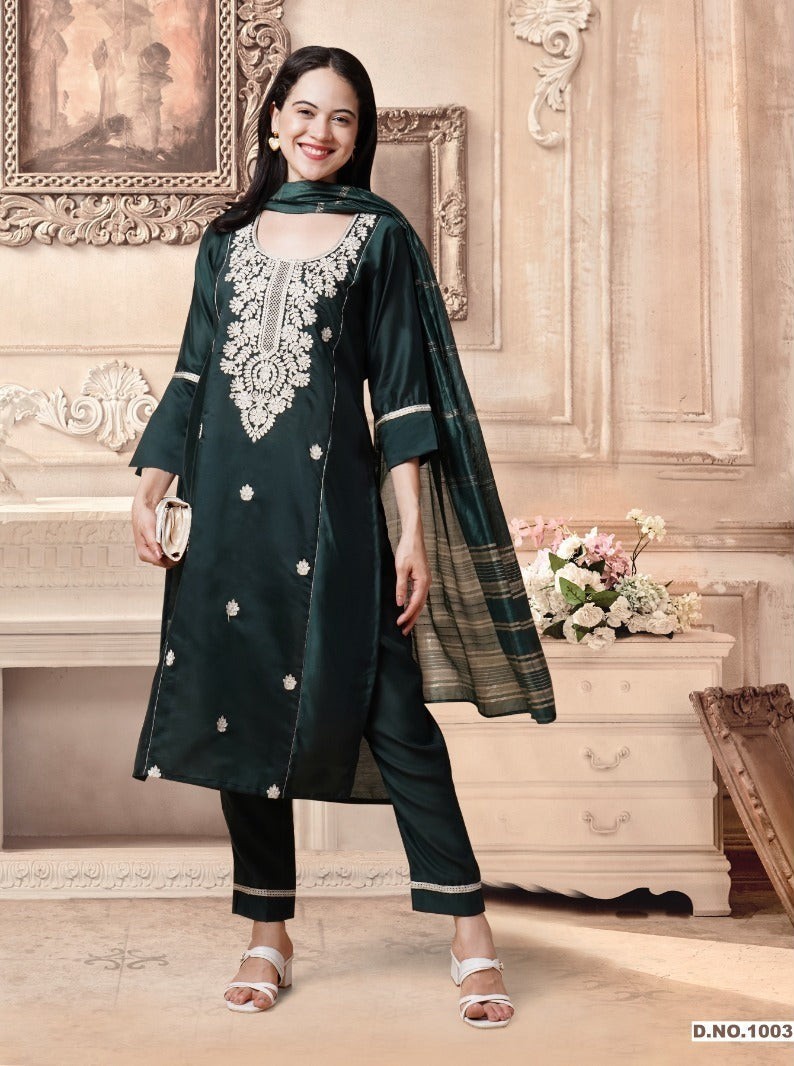 3 Piece Roman Silk Long Kurti Set Avanti Combo - 3 Pcs Set