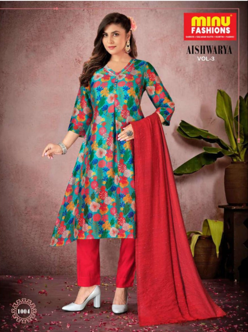 3 Piece Cotton Long Kurti Set Aishwarya (Vol-3) - 4 Pcs Set