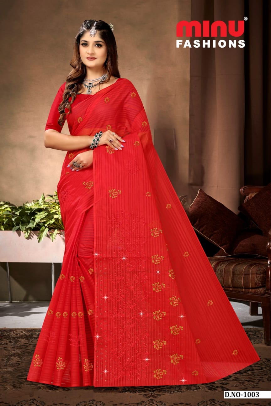 Embroidered Cotton Saree Devansha (Special Rate) - 8 Pcs Set