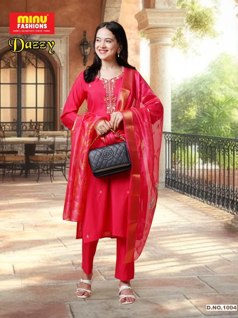 3 Piece Roman Silk Kurti Set Dazzy Combo - 4 Pcs Set