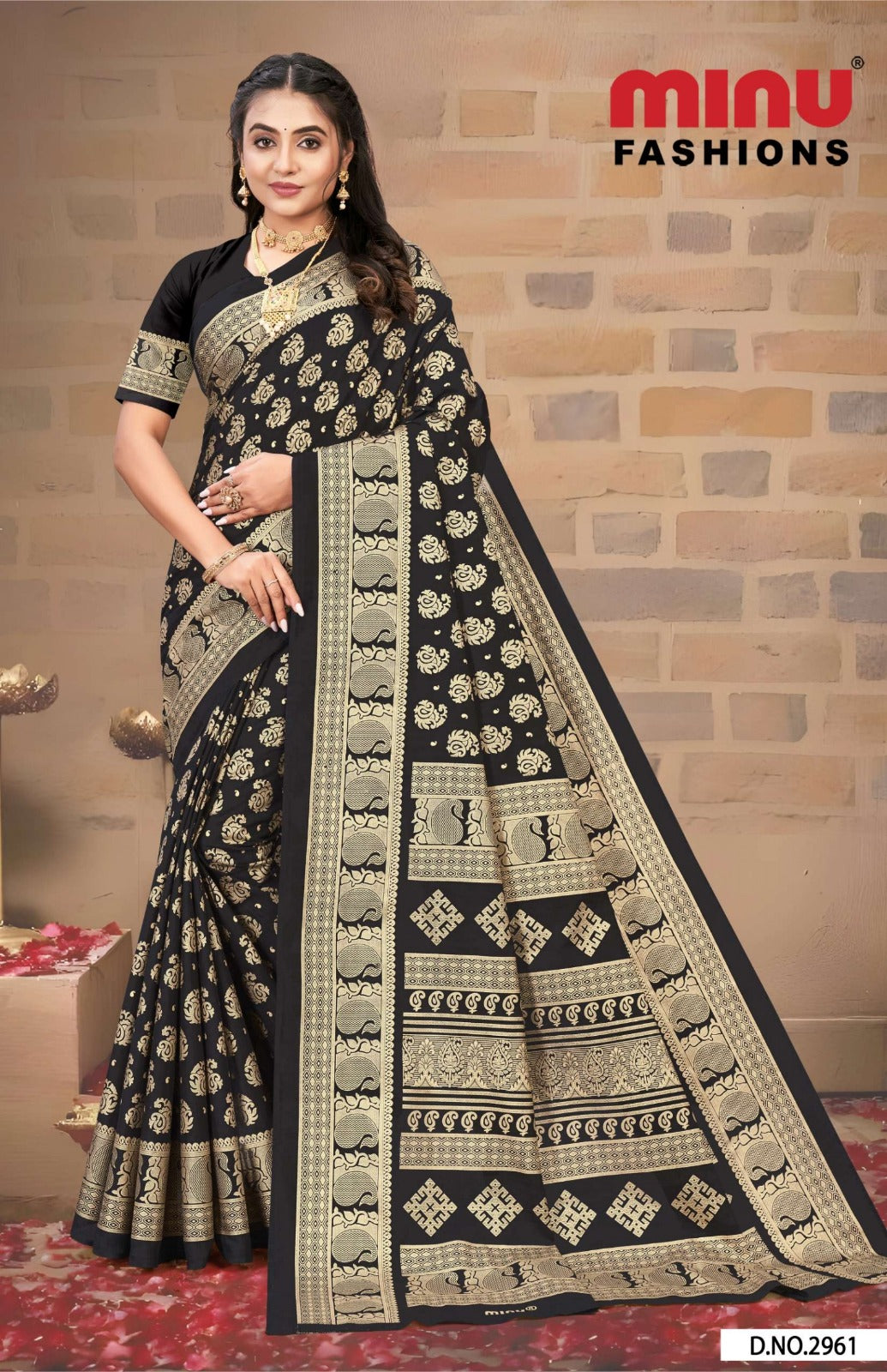 Malai Cotton Saree Gold Star Black - 8 Pcs Set