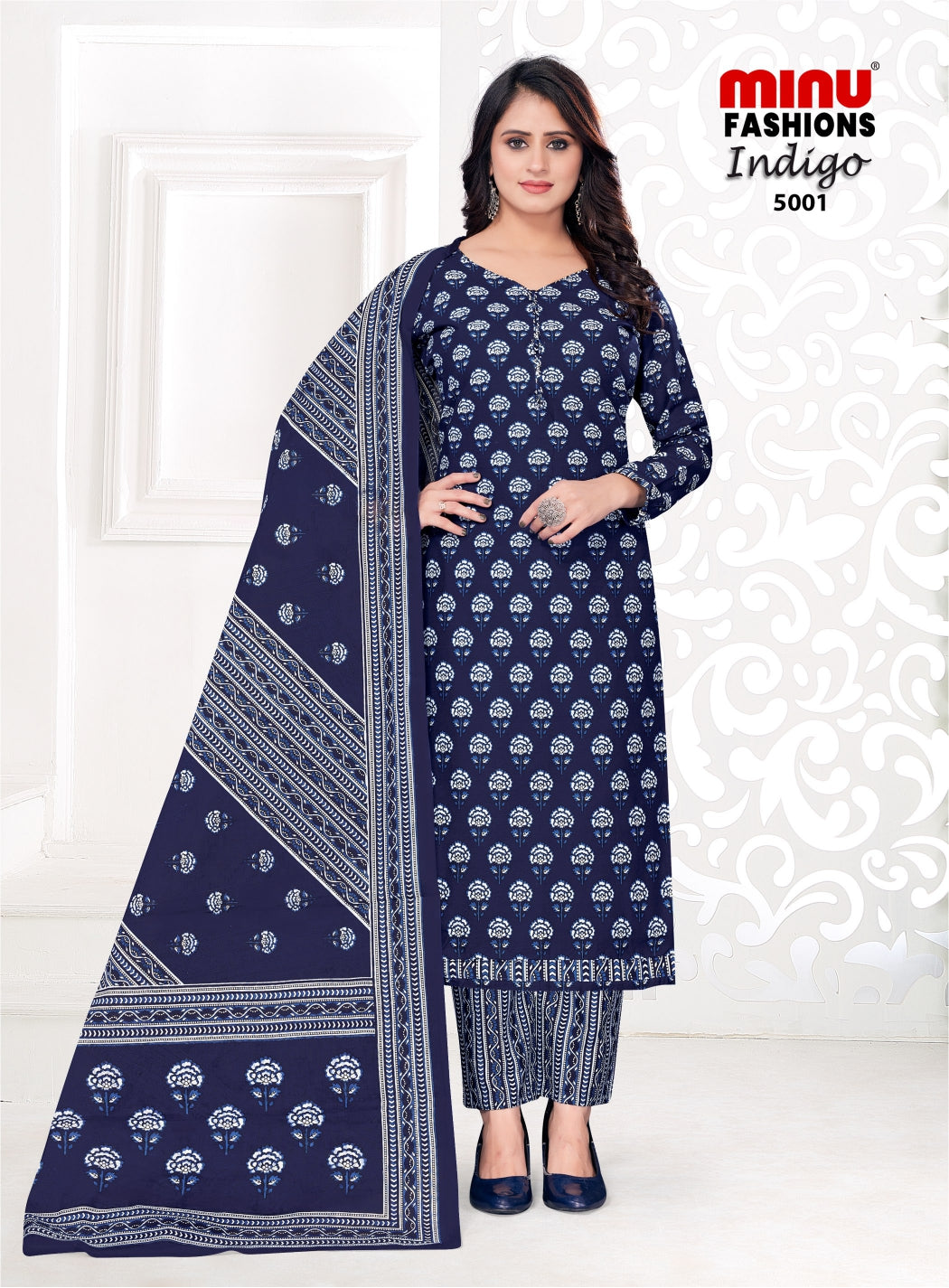 Printed Cotton Unstitched Salwar Suit Indigo Vol-5 (Special Rate) - 8 Pcs Set