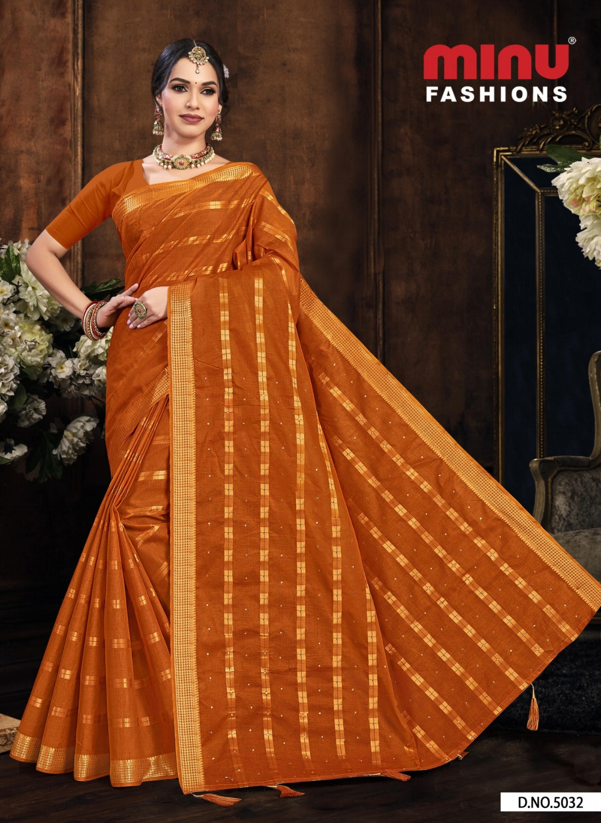 Embroidered Cotton Saree Panchi Diamond (Special Rate) - 8 Pcs Set