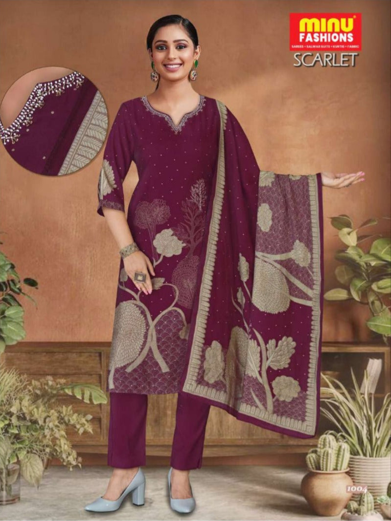3 Piece Cotton Kurti Set Scarlet - 4 Pcs Set