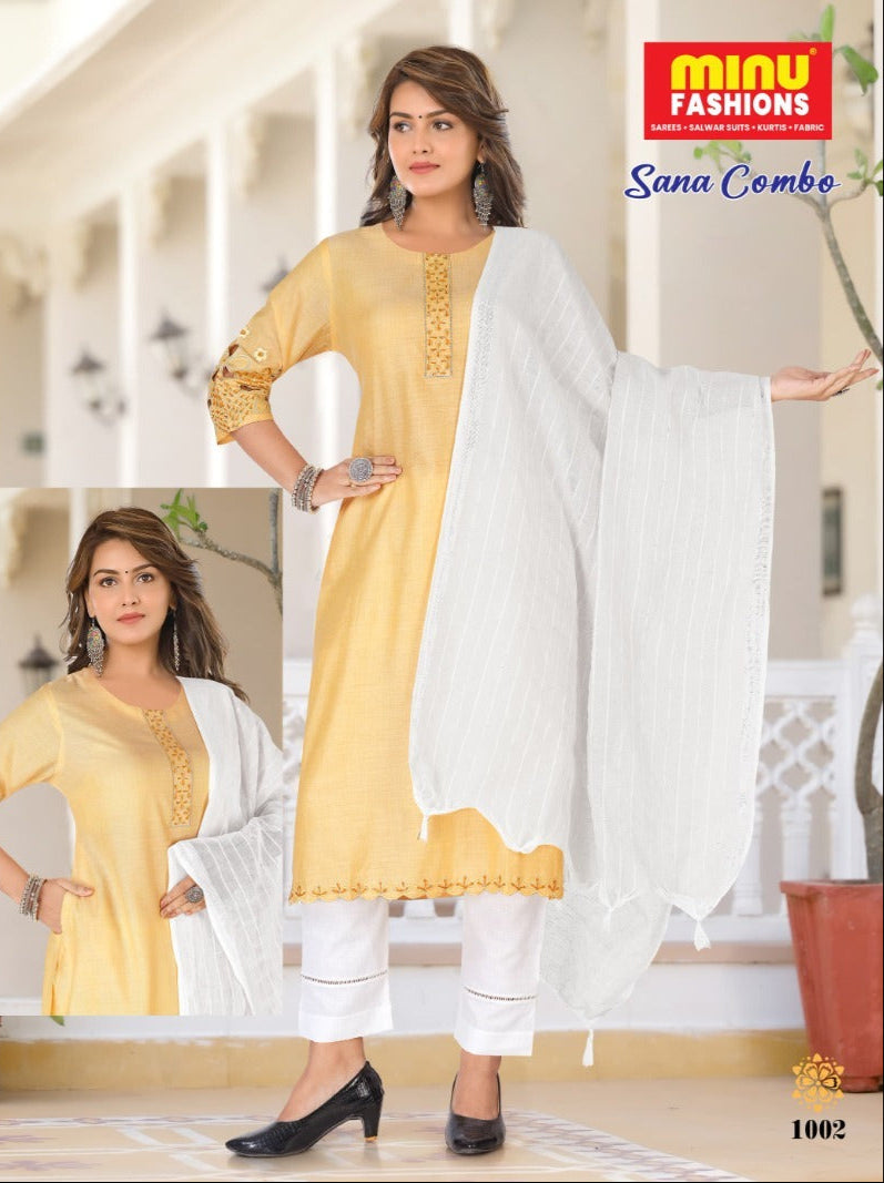 3 Piece Cotton Long Kurti Set Sana Combo - 6 Pcs Set