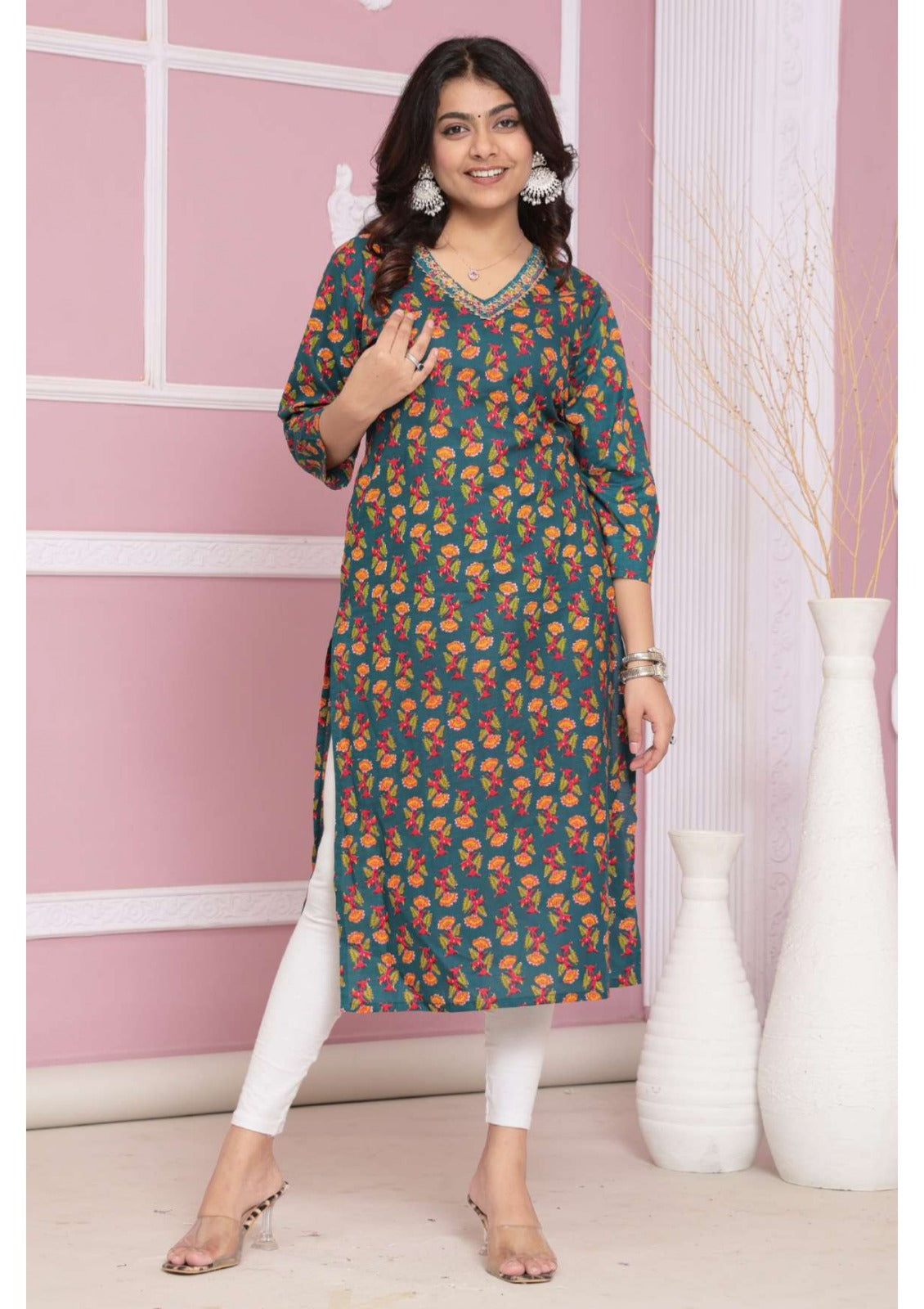 Printed Cotton Long Kurti Aditi (Vol-5) - 8 Pcs Set