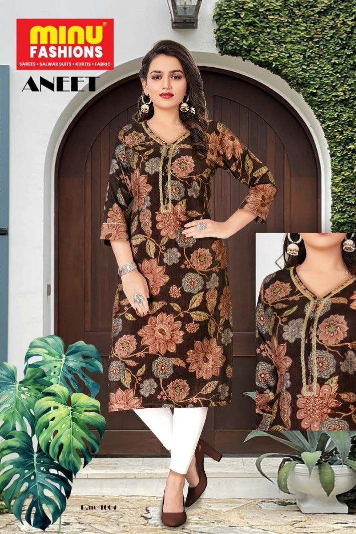 Printed Vatican Silk Long Kurti Aneet - 6 Pcs Set