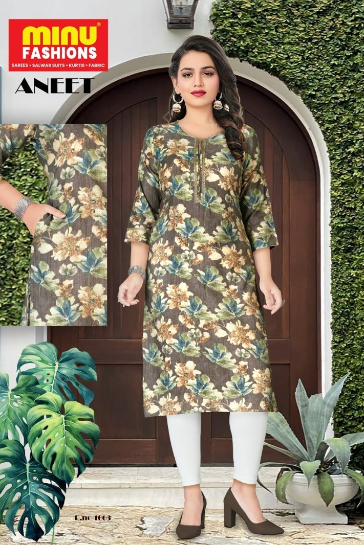 Printed Vatican Silk Long Kurti Aneet - 6 Pcs Set