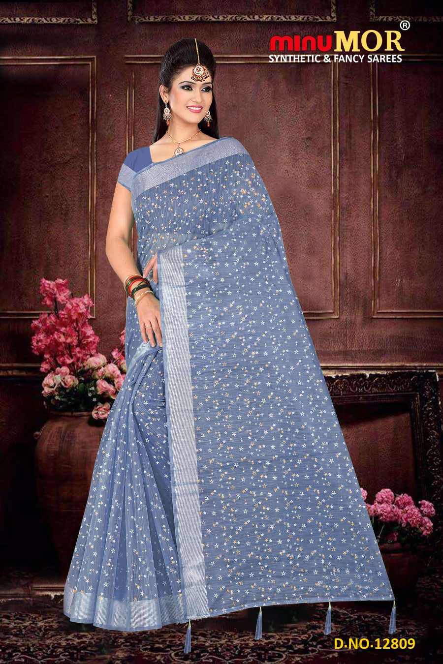 Fancy Saree Cherry Cotton (BP) - 6 Pcs Set