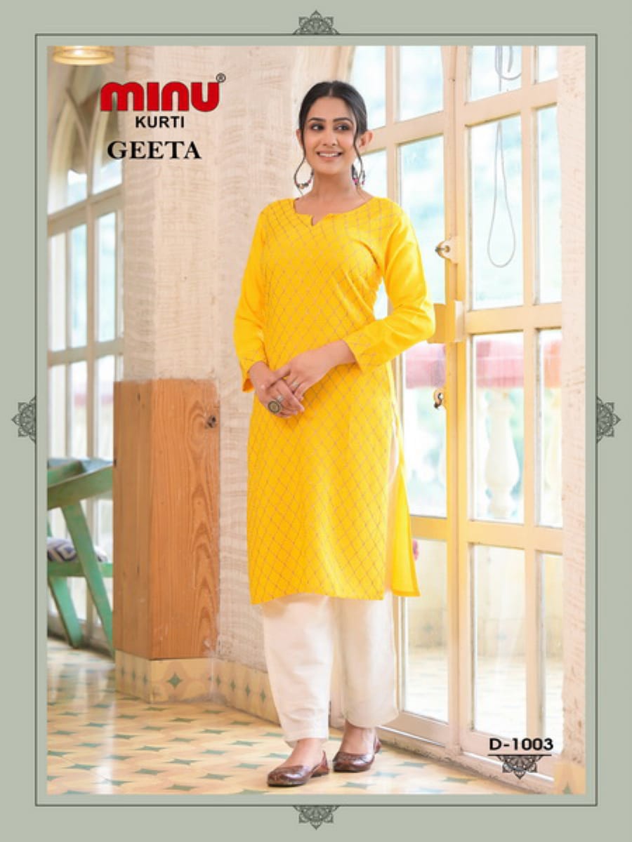 Embroidery Rayon Long Kurti Geeta - 4 Pcs Set