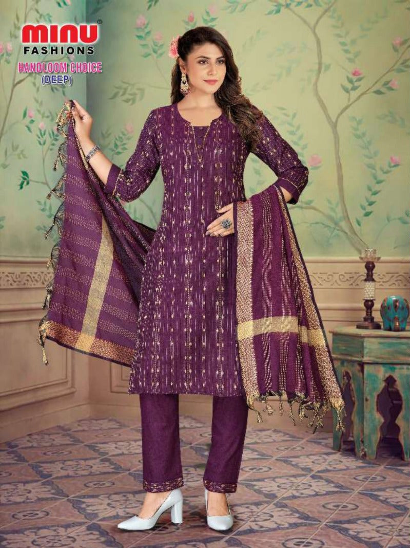 Printed Cotton Stitched Salwar Suit Handloom Choice (Deep) - 6 Pcs Set