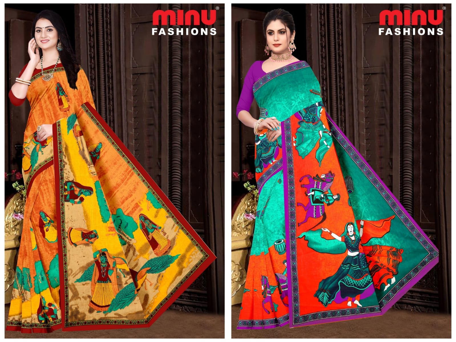 Printed Cotton Saree Heven Beauty Block - 10 Pcs Set