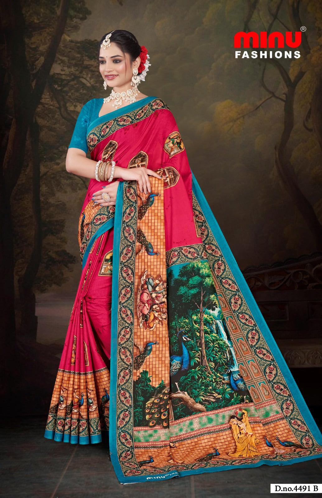 Printed Cotton Saree Jeevan Sathi Madhubani - 8 Pcs Set