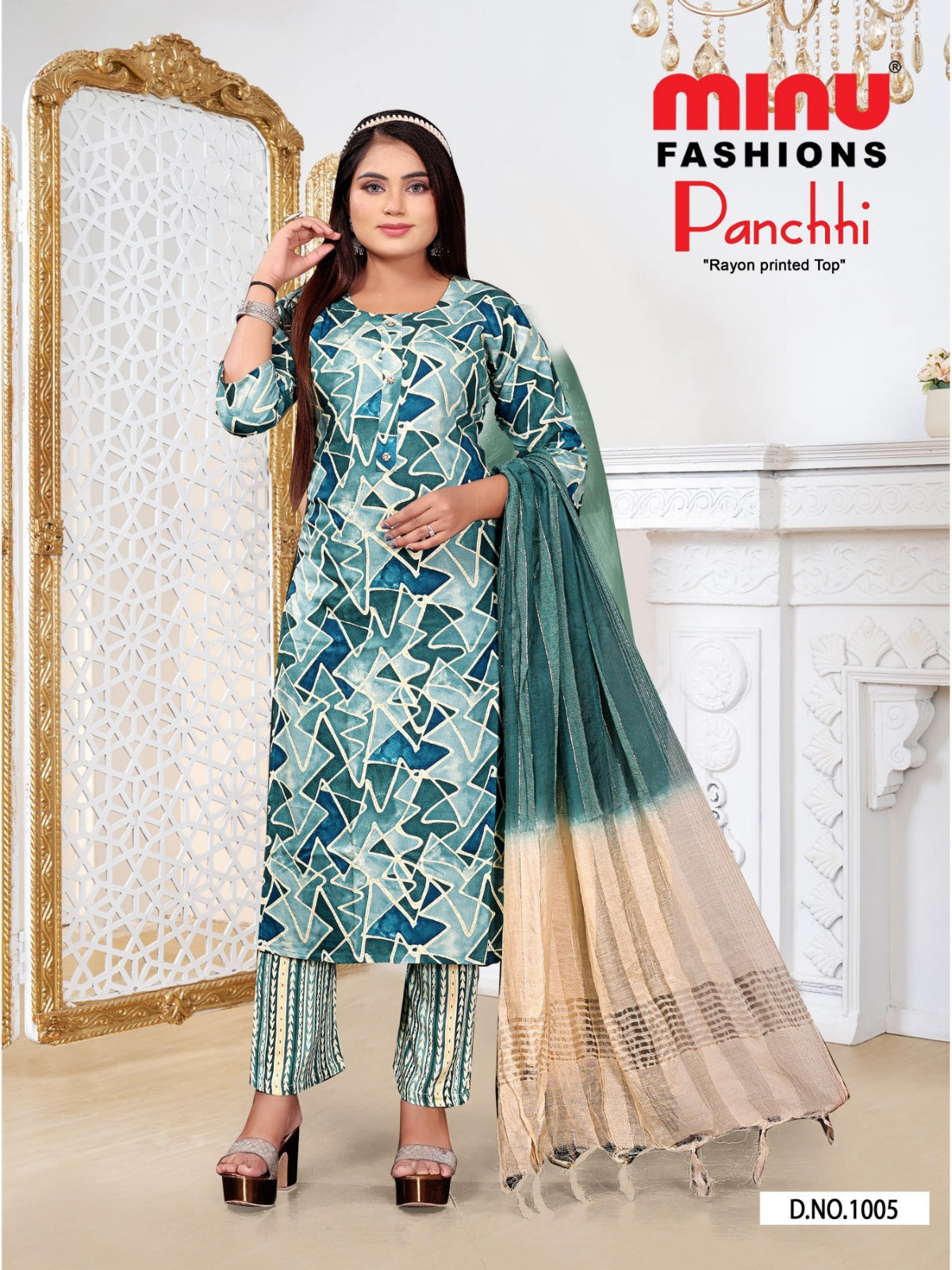Printed Rayon Stitched Salwar Suit Panchi - 10 Pcs Set