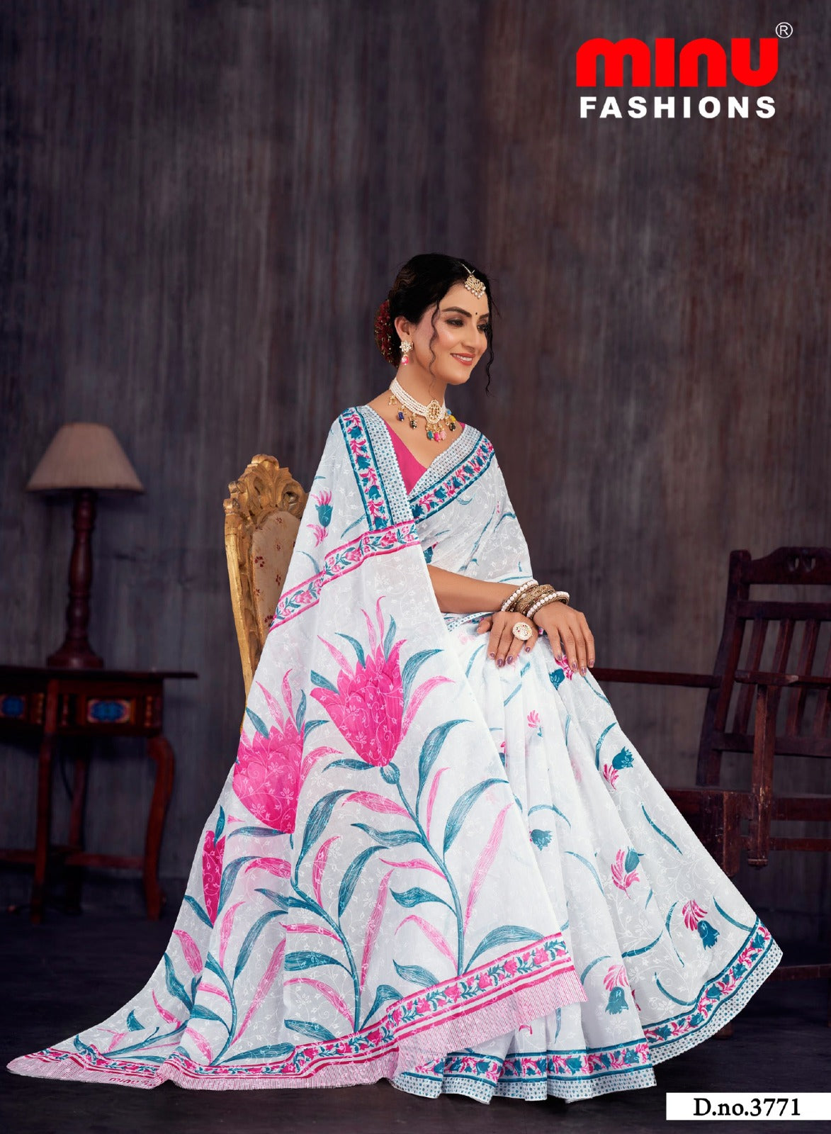 Printed Cotton Saree White Rose - 8 Pcs Set