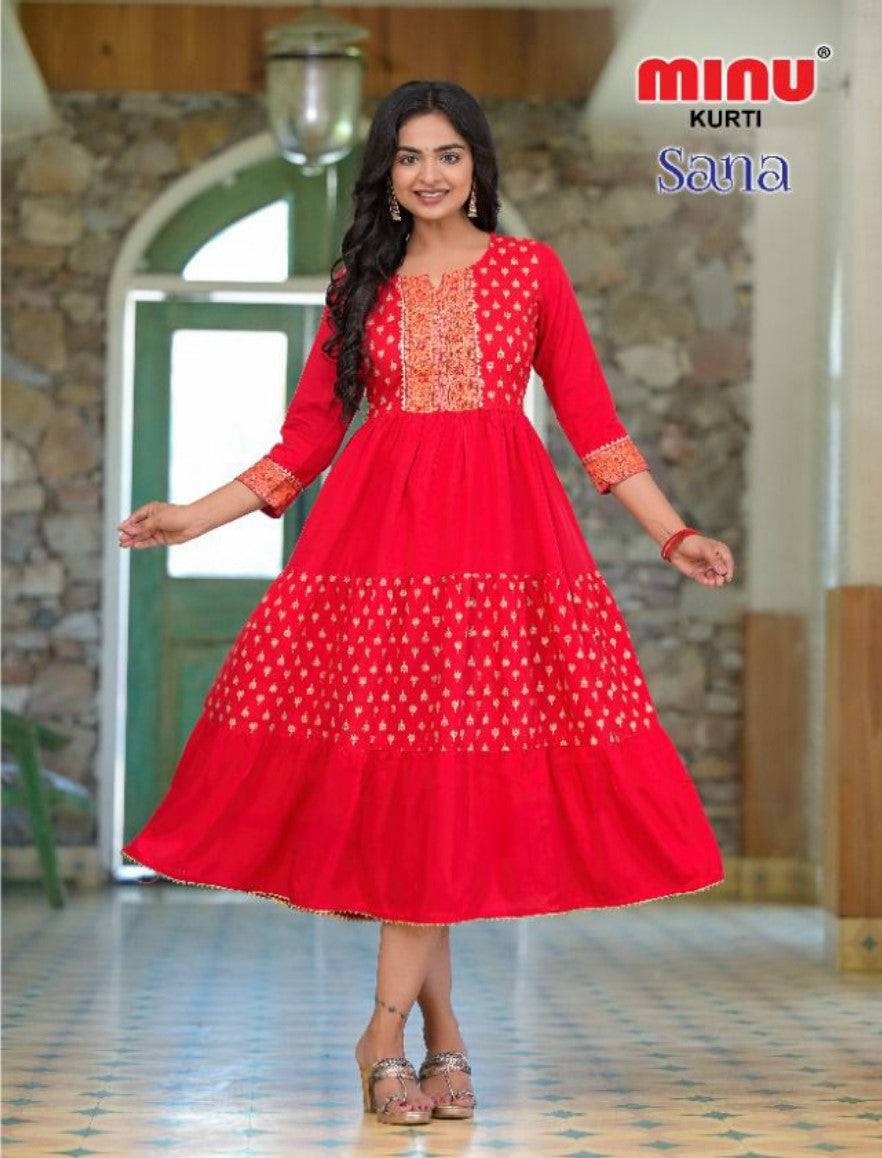 online image of red kurti wearing woman