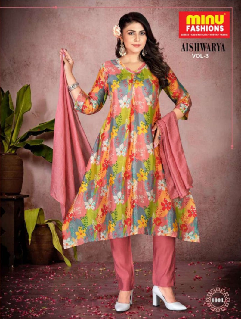 3 Piece Cotton Long Kurti Set Aishwarya (Vol-3) - 4 Pcs Set