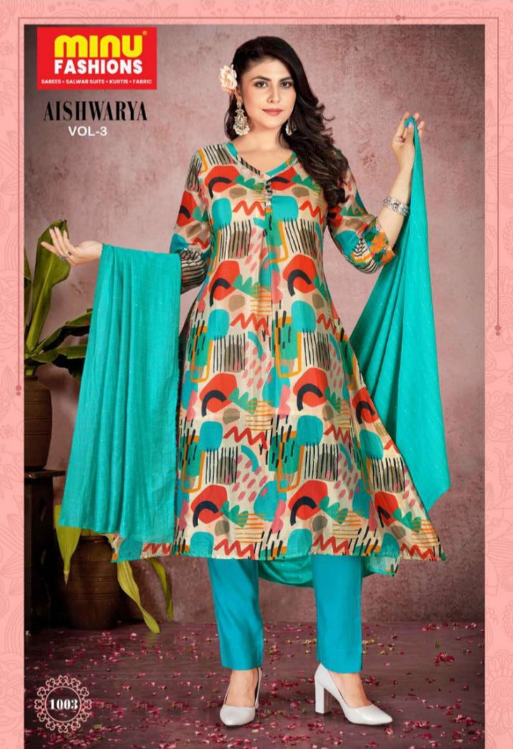 3 Piece Cotton Long Kurti Set Aishwarya (Vol-3) - 4 Pcs Set