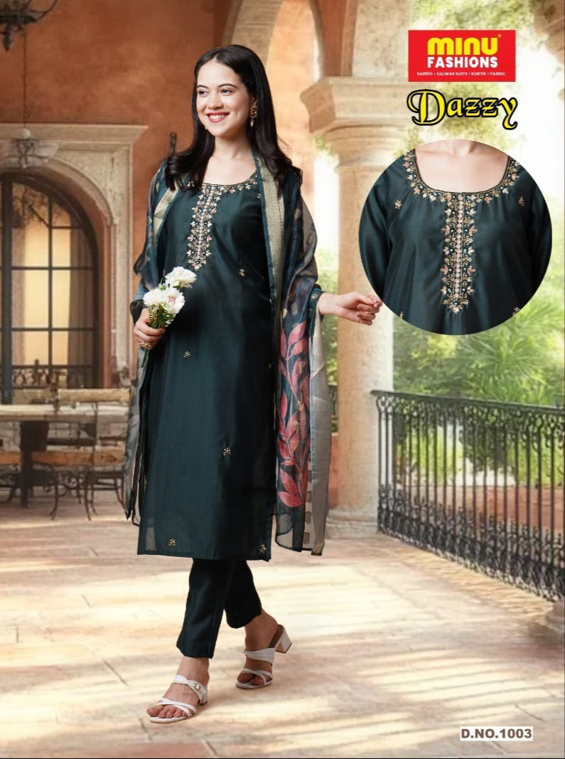 3 Piece Roman Silk Kurti Set Dazzy Combo - 4 Pcs Set