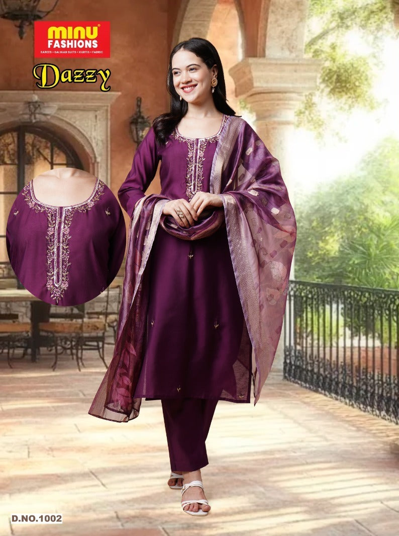 3 Piece Roman Silk Kurti Set Dazzy Combo - 4 Pcs Set